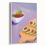 Framed vintage poster art of colorful fruits on a white background, ideal for living room decor.