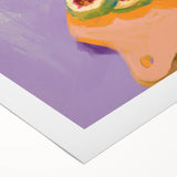 Art deco poster featuring assorted fruits in vibrant, bold colors on rolled canvas, ideal for dining room decor.