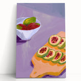 Large black and white canvas wall art featuring assorted fruits, ideal for kitchen decor.