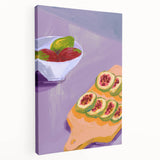 Large stretched canvas featuring a variety of colorful fruits, ideal for kitchen wall art.