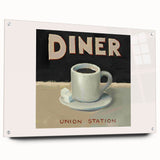 Large abstract wall art on acrylic glass featuring swirls in muted orange and teal.