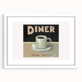 Abstract art print featuring multicolored geometric shapes on a white framed canvas, ideal for dining room decor.