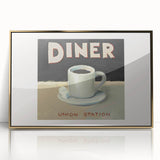 Large art print of a mid-century modernist food illustration on acrylic, featuring vibrant colors.