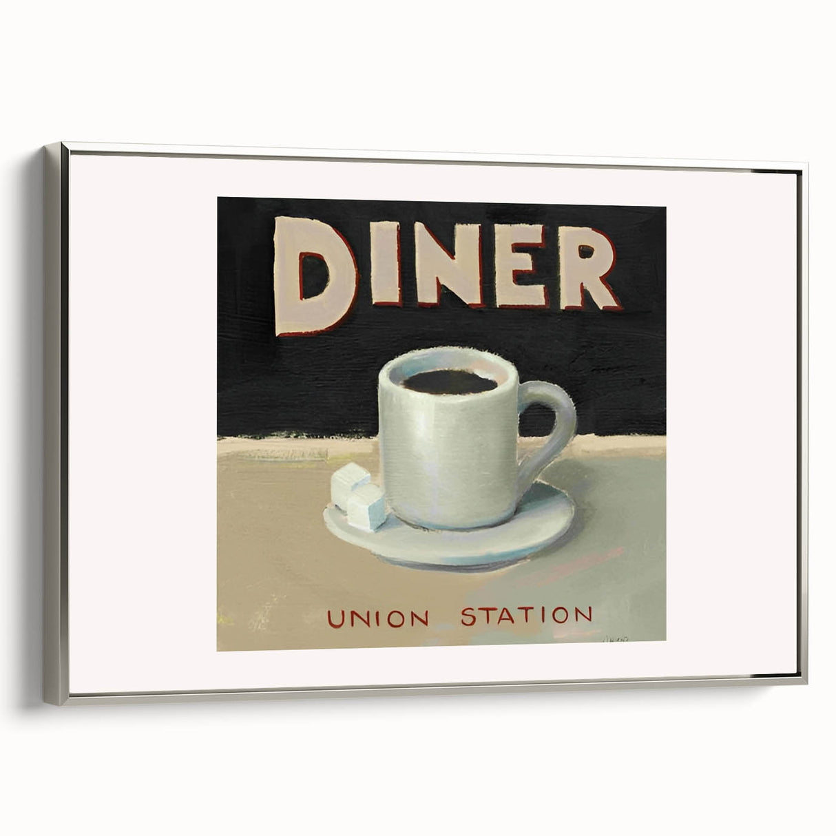 Landscape art painting on framed canvas featuring a vintage poster style with a colorful palette, ideal for kitchen wall art.