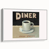 Extra large framed canvas featuring vintage poster art of colorful food illustrations on a black background.