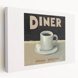 Large stretched canvas featuring a colorful illustration of various kitchen utensils and ingredients.