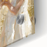 Mid-century modernist large abstract wall art on acrylic glass, featuring indistinct figures in muted colors.