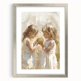 Textured art print of abstract figures in muted earth tones, framed in silver, ideal for bedroom art.