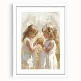 Abstract art print featuring stylized food and people in muted colors, framed with a white mat.