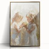 Large acrylic print featuring a mid-century modernist style depiction of people dining, in muted gold and brown tones.