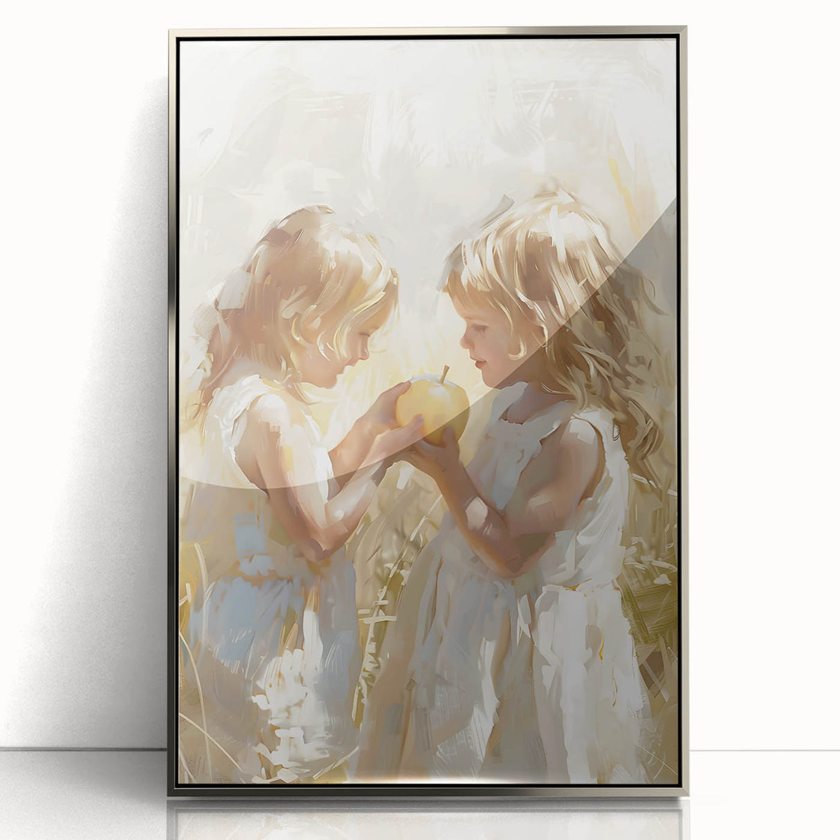 Mid-century modernist art featuring a stylized group dining scene in silver and gray tones on a framed acrylic panel.