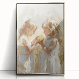 Mid-century modernist art featuring a stylized group dining scene in silver and gray tones on a framed acrylic panel.