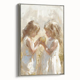 Landscape art painting on framed canvas featuring colorful vintage poster art of people dining, set against a black wall.