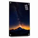 Landscape acrylic glass artwork showcasing a vibrant abstract design with a side view highlighting secure pins, perfect for modern home decor or office spaces.