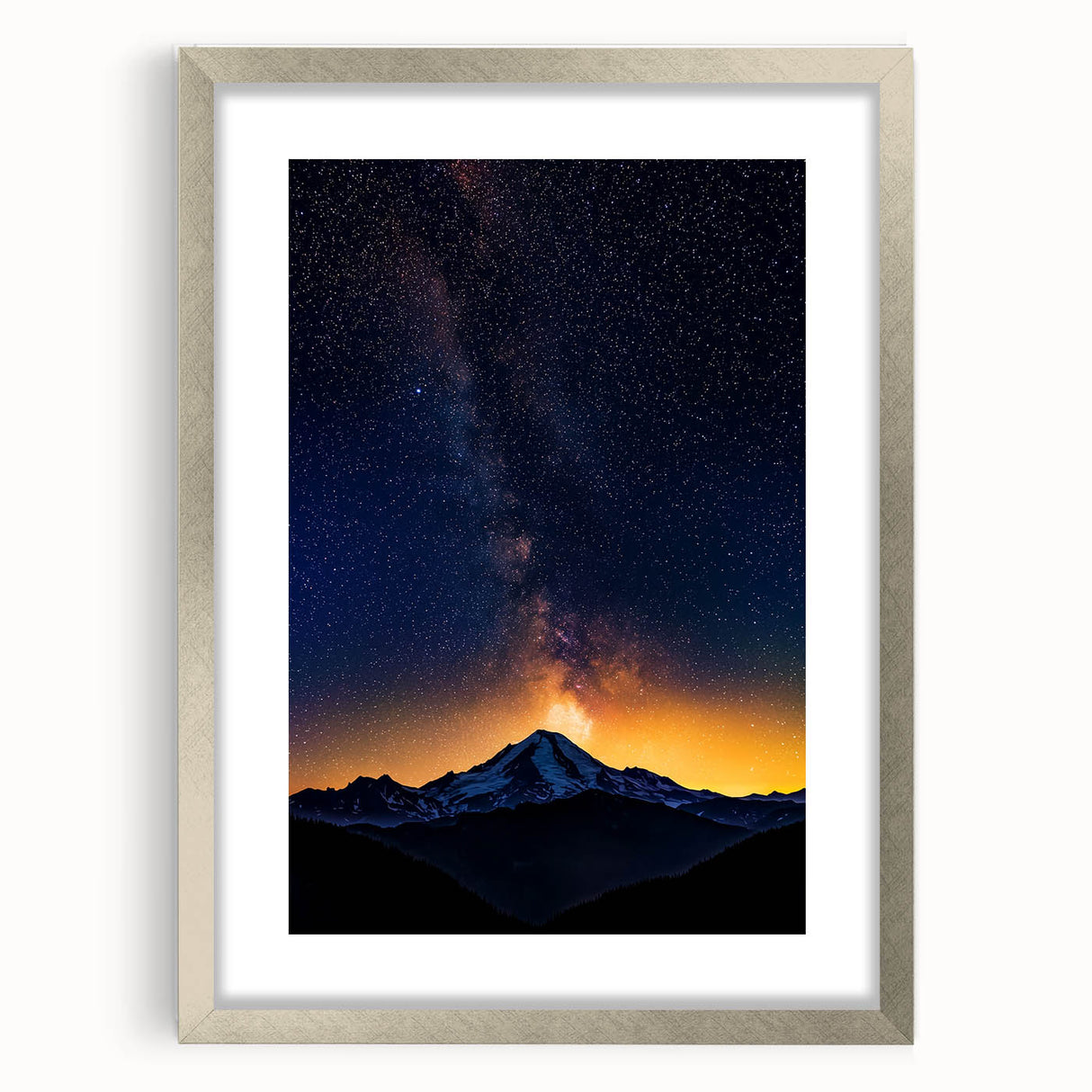Silver landscape frame with mat, showcasing a sleek front view, ideal for displaying art or photographs in contemporary home decor settings. Perfect for elegant interiors.