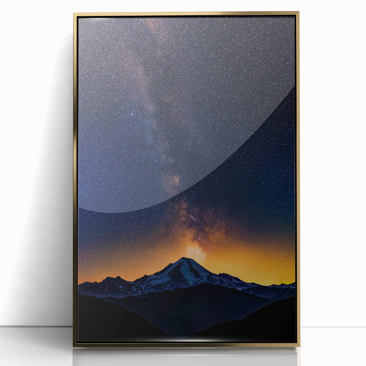 Framed landscape artwork with a gold-acrylic finish, showcasing vibrant colors and intricate details, perfect for home decor in modern settings.