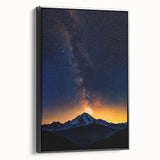 Framed landscape canvas art showcasing a serene mountain view with a black frame, perfect for home decor, adding elegance to any living space.