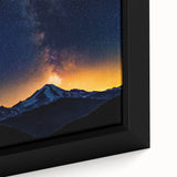 Close-up of a framed landscape canvas showcasing vibrant, textured artwork depicting a serene nature scene, ideal for home decor and aesthetic enhancement.