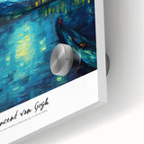 Mid-century modernist acrylic print of abstract shapes in vibrant blue and orange tones, ideal for dining room art.