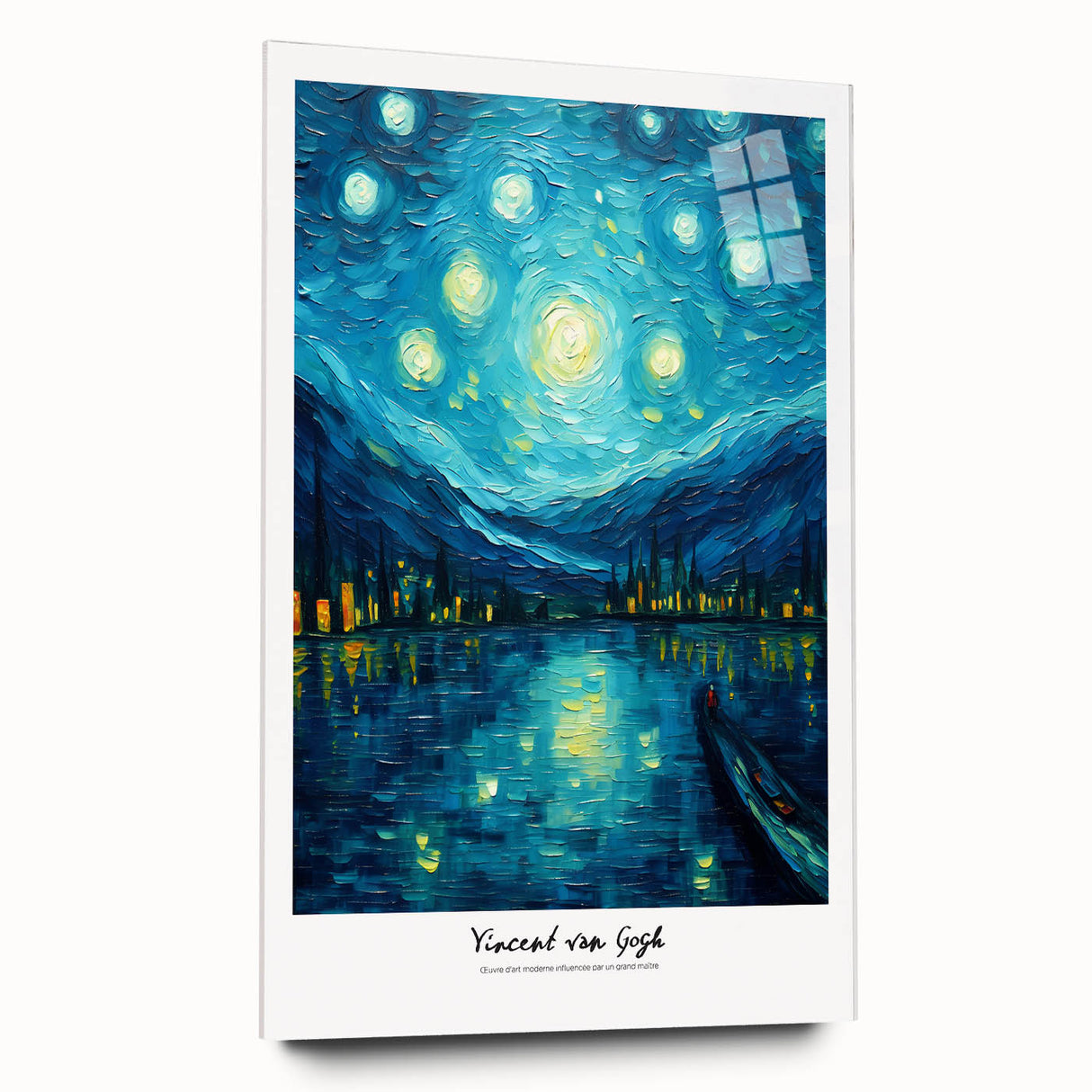 Impressionist-style Van Gogh painting on acrylic glass, featuring swirling blue and yellow tones.