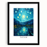 Extra large colorful art print depicting an abstract, impressionist scene in vibrant hues, framed in black.