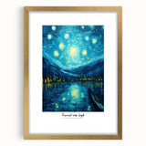 Impressionist-style textured painting featuring vibrant swirls of blue and yellow, framed in gold.