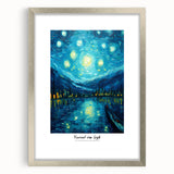 Textured abstract art print of swirling shades of blue and yellow on a framed canvas, suitable for bedroom wall decor.