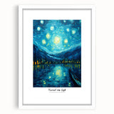 Abstract art print featuring swirling blue and yellow tones on a framed canvas, suitable for bedroom or dining room decor.