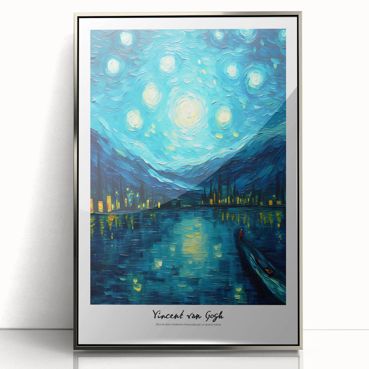 Mid-century modernist art depicting a Van Gogh impressionist scene on a silver-framed acrylic.