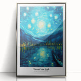 Mid-century modernist art depicting a Van Gogh impressionist scene on a silver-framed acrylic.
