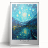 Impressionist style painting featuring vibrant blues and yellows on a white acrylic framed canvas.