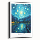 Black and white framed canvas of a Van Gogh-style impressionist landscape, ideal for bedroom wall decor.