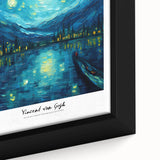 Close-up of a vintage poster art featuring Van Gogh's impressionist style on a framed canvas with vibrant color splashes.