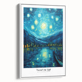 Impressionist-style black wall art featuring a vibrant, textured depiction of a starry night, framed canvas.