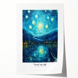 Impressionist floral art by Van Gogh on a rolled canvas, featuring vibrant blue and yellow tones.