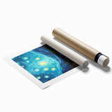 Impressionist-style floral art by Van Gogh on rolled print, featuring vibrant blues and yellows.