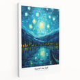 Impressionist-style painting of a starry night with swirling blue and yellow hues on stretched canvas.
