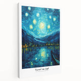 Impressionist-style painting of a starry night with swirling blue and yellow hues on stretched canvas.