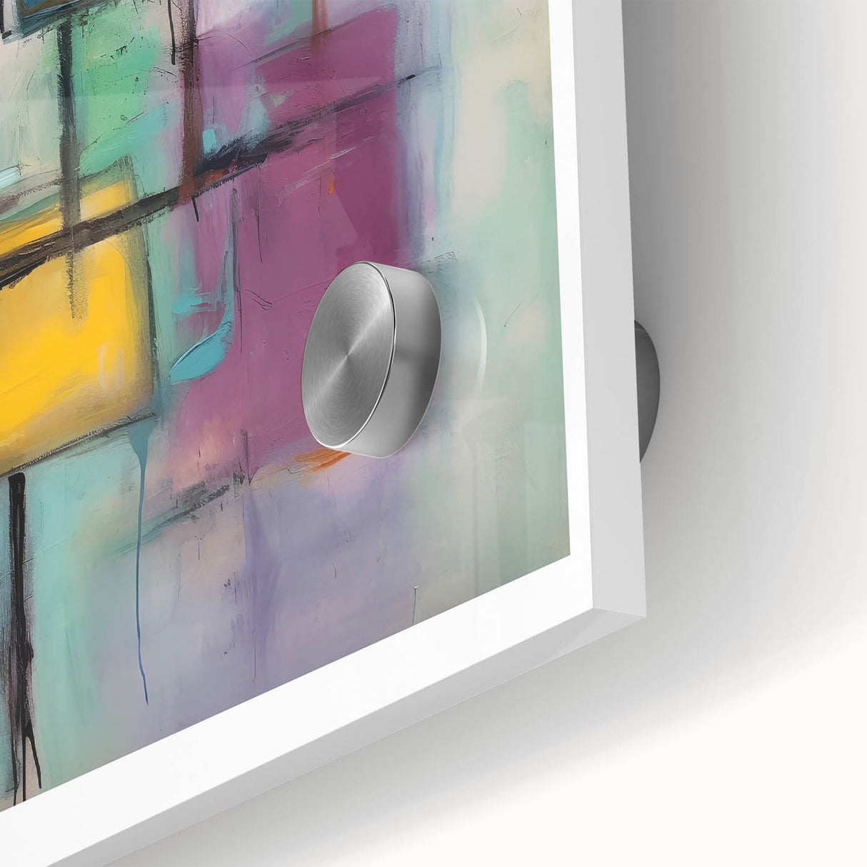 Large abstract wall art in red and orange tones on acrylic glass, inspired by mid-century modernist style.