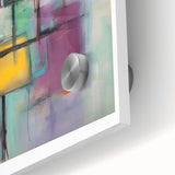 Large abstract wall art in red and orange tones on acrylic glass, inspired by mid-century modernist style.