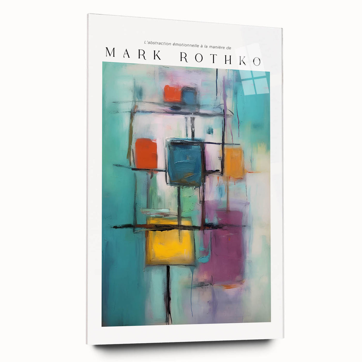 Large abstract wall art in bold red and black hues on acrylic glass, suited for modern bedroom or dining room decor.