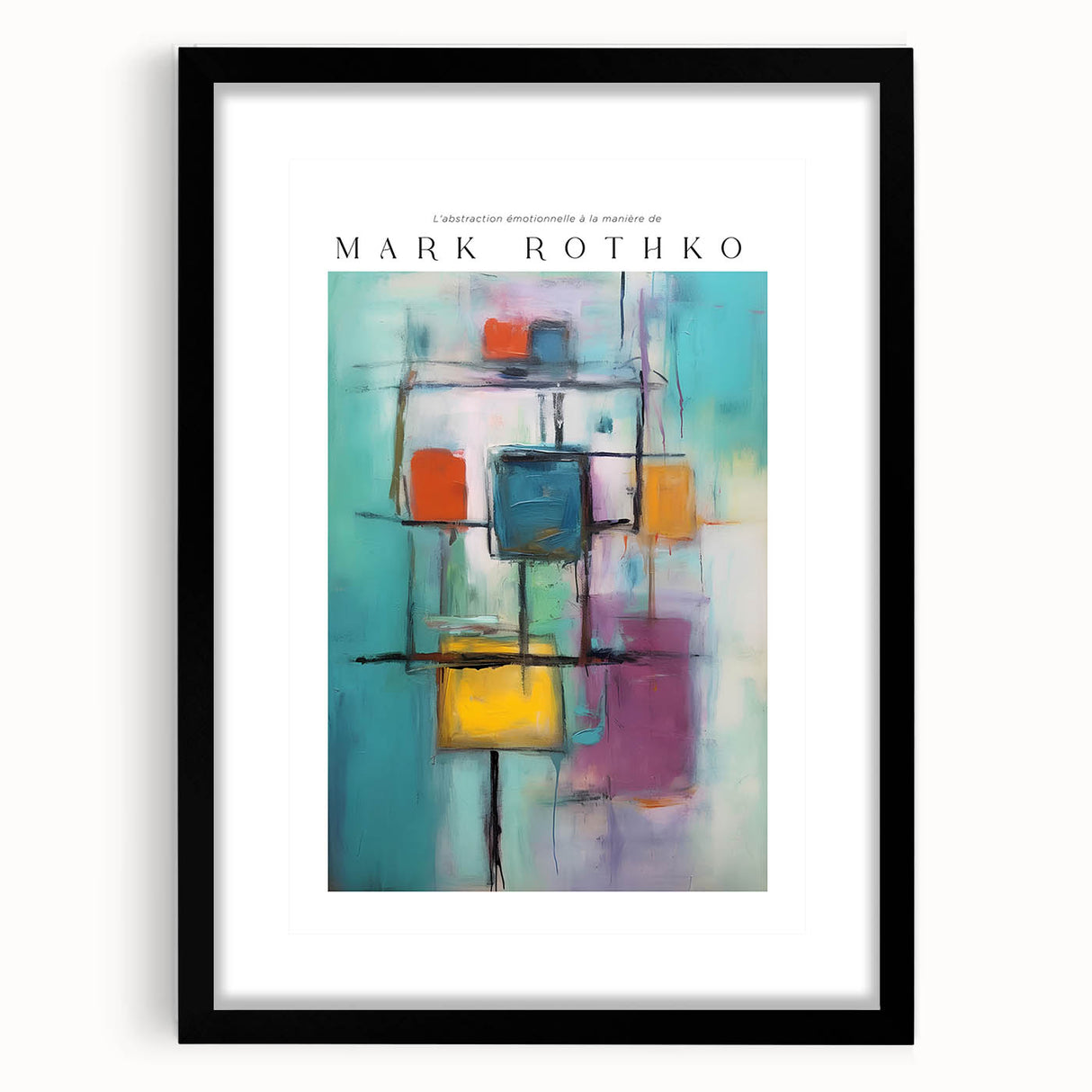 Extra large abstract art print featuring vibrant, textured color blocks on a black framed canvas.