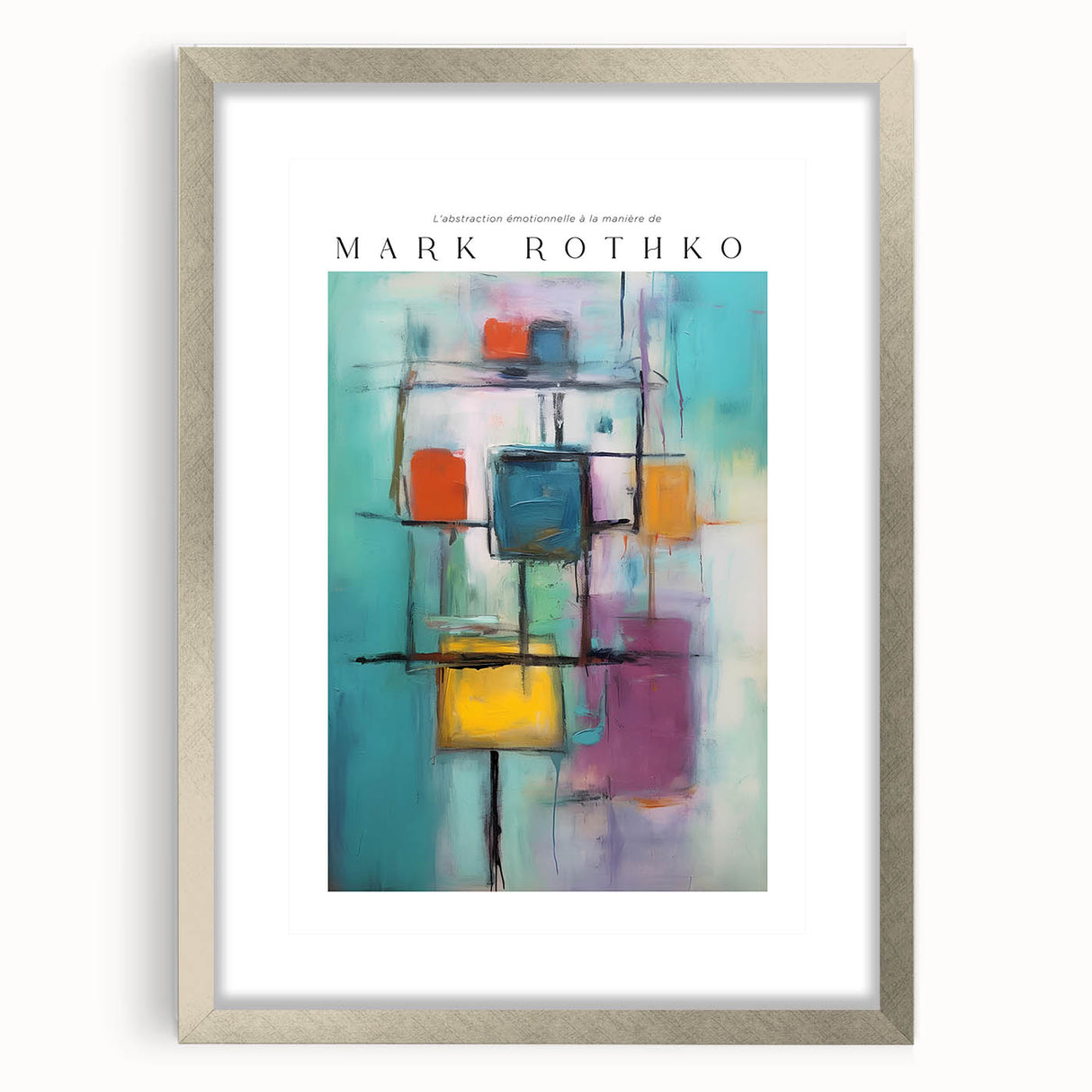 Textured abstract art print in muted red and blue tones, framed in silver, ideal for bedroom decor.
