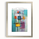 Textured abstract art print in muted red and blue tones, framed in silver, ideal for bedroom decor.