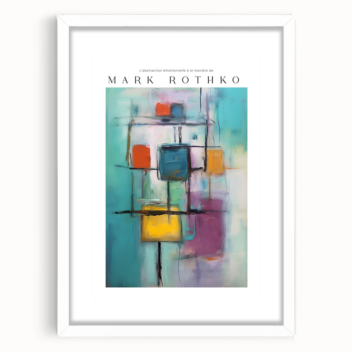Abstract art print in Rothko-inspired blocks of deep red and blue on a white framed canvas.