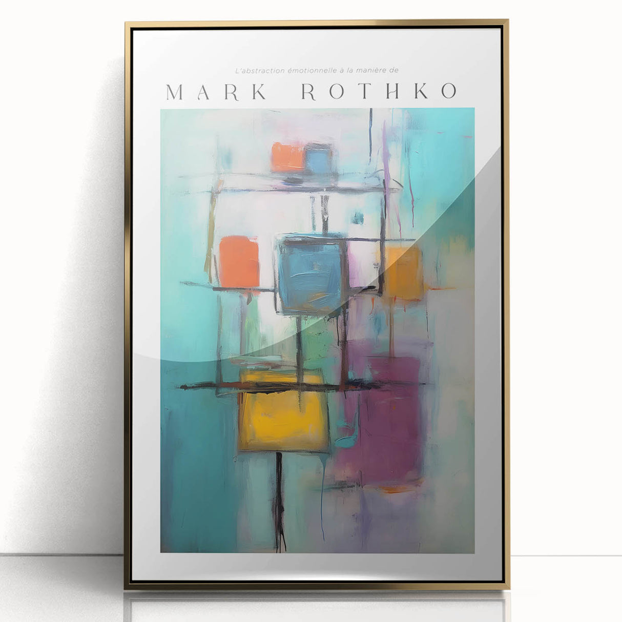 Large art print of a Mark Rothko-inspired abstract in red and orange tones, framed in gold acrylic.