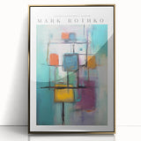 Large art print of a Mark Rothko-inspired abstract in red and orange tones, framed in gold acrylic.