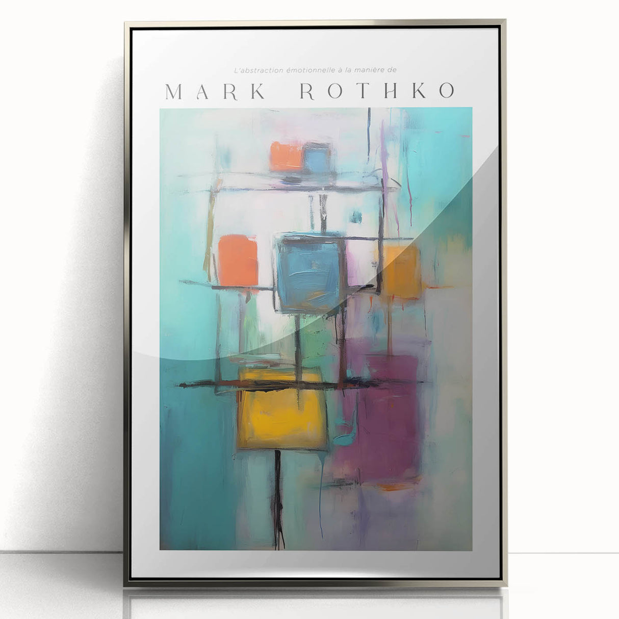 Mid-century modernist art by Mark Rothko, featuring abstract blocks of red and orange on a silver-framed acrylic print.