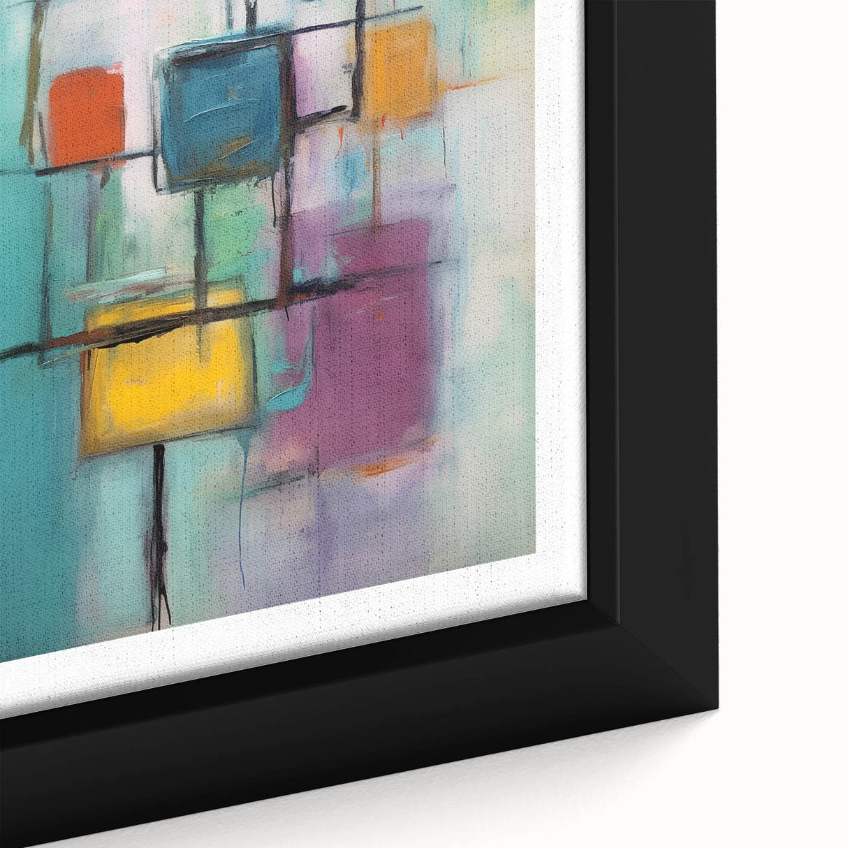 Extra large framed canvas featuring textured, colorful art in black with vibrant abstract shapes.