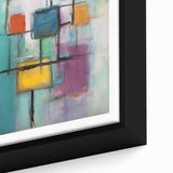 Extra large framed canvas featuring textured, colorful art in black with vibrant abstract shapes.